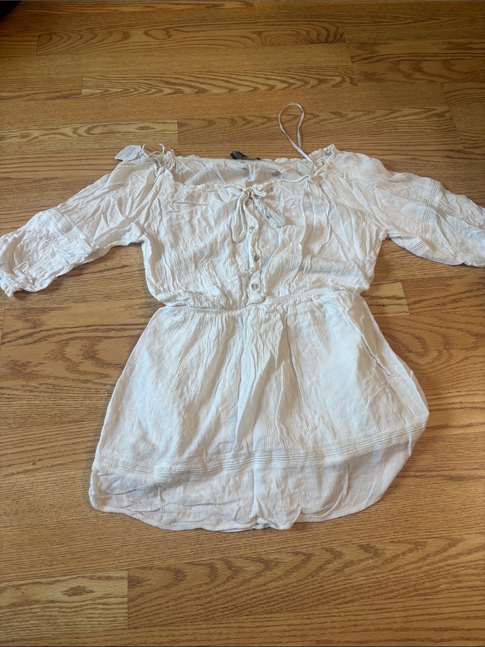 Lulu's Ivory Off-Shoulder Peasant dress with Tie Front